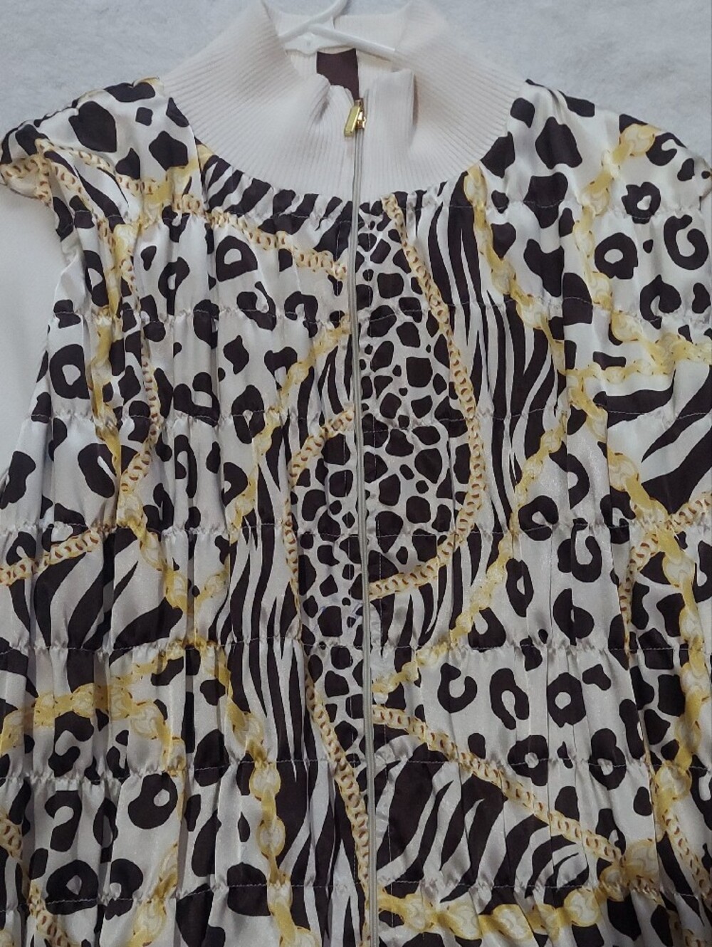 6 for $10 M&M Multiples Cream Zip-Front Animal Print Jacket with Gold Accents - Picture 4 of 14